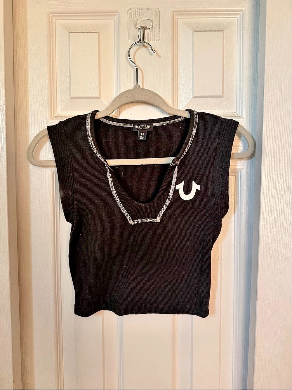True Religion V-Notch Ribbed Crop Top Black Tank Top Size XS